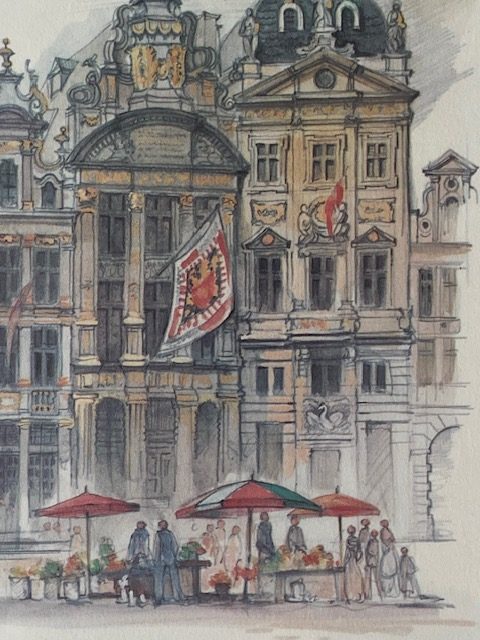 Tableau aquarelle Grand-Place Bruxelles signé Mads Stage