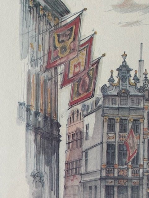 Tableau aquarelle Grand-Place Bruxelles signé Mads Stage